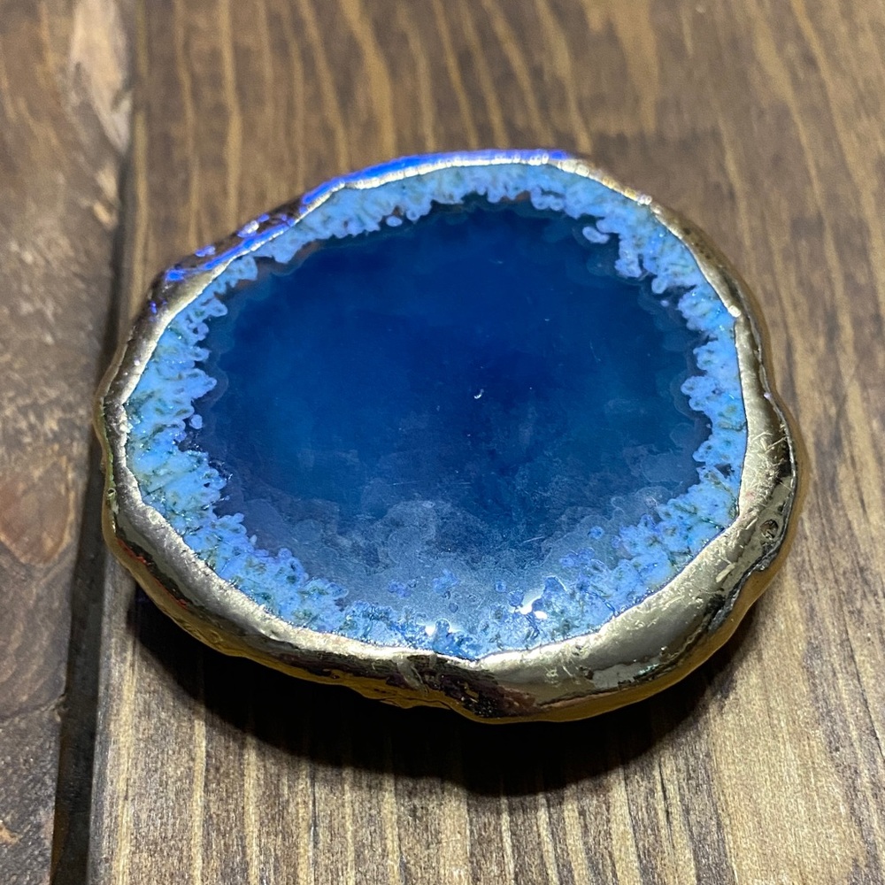 Phone Grip Luxurious Blue Agate Gold Trim w/3M Strip and Expandable Grip on Back
